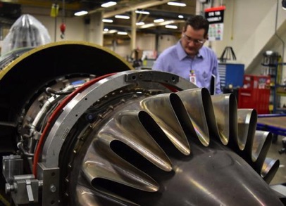 A jet engine in for repairs at Honeywell's factory in Phoenix, Arizona. 